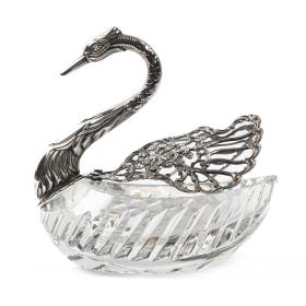Vintage Cut Glass and Sterling Silver Swan Dish