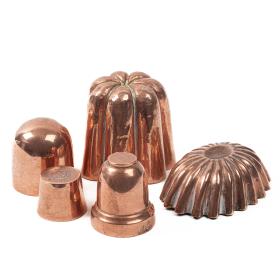 Group of Five Antique Victorian Miniature Copper Jelly Moulds