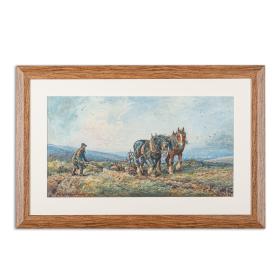 Antique Early 20th Century Watercolour of a Farmer Ploughing a Field