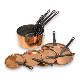 Set of Five Copper Pans With Lids